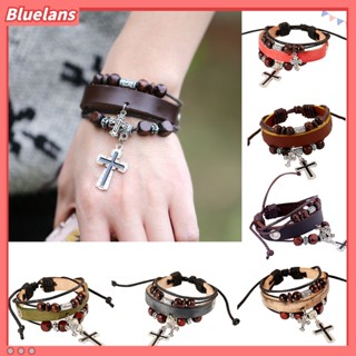 【 Bluelans 】สร้อยข้อมือ กําไลข้อมือ หนังถัก จี้ลูกปัดหลายชั้น สไตล์วินเทจ