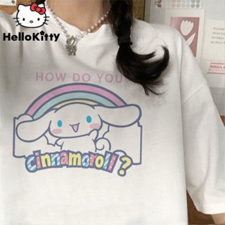 SANRIO Cinnamoroll เสื้อยืดแขนสั้นผ้าฝ้ายผู้หญิงพิมพ์ลายอนิเมะน่ารักเสื้อ Y2k หลวมสบายๆเสื้อนุ่มหวานๆสำหรับเด็กผู้หญิงนั