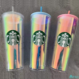 Starbucks Tumbler ขวดน้ำใส Aurora Cup Straw Cup 710ml/24oz Double-layer Outdoor Water Drinking Cup TH1