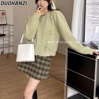 Duohanzi เสื้อกันหนาว เสื้อคาร์ดิแกน ประดับโบว์ สีแดง สําหรับผู้หญิง