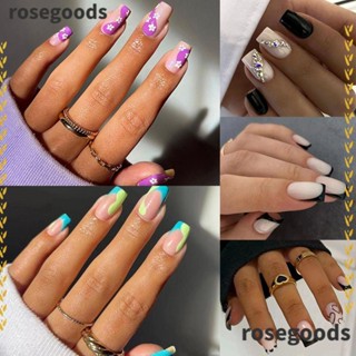 Rosegoods1 เล็บปลอม แบบกด ขอบสีดํา สไตล์ฝรั่งเศส สําหรับตกแต่งเล็บ DIY 24 ชิ้น