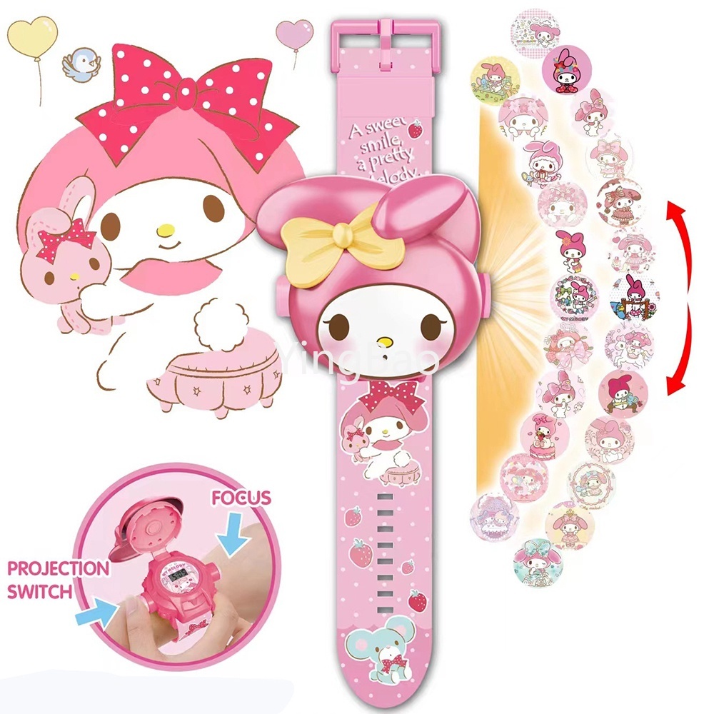 Kawaii Sanrio ของแท้ นาฬิกาโปรเจคเตอร์ การ์ตูนคุโรมิ ฝาพับ ของเล่นอิเล็กทรอนิกส์ นาฬิกาน่ารัก ของขวัญ Cinnamoroll