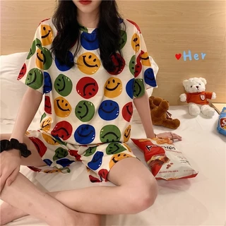 🔥ราคาพิเศษ🔥 ชุดนอน คอกลมเสื้อแขนสั้น+ขาสั้น ลายการ์ตูน ผ้าคอตตอน มีหลายลายให้เลือก ผ้าดี ฟรีไซส์