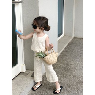 2023 Korean style girl spring and summer thin Western style knitted suit baby girl hollow vest wide leg pants two-piece ARMH