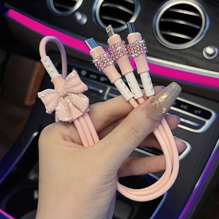 Car Charger Super Fast Charge Advanced Diamond-Embedded Internet Celebrity Dream Girl Car Charging Cable One-to-Three USB Data Cable KGI4