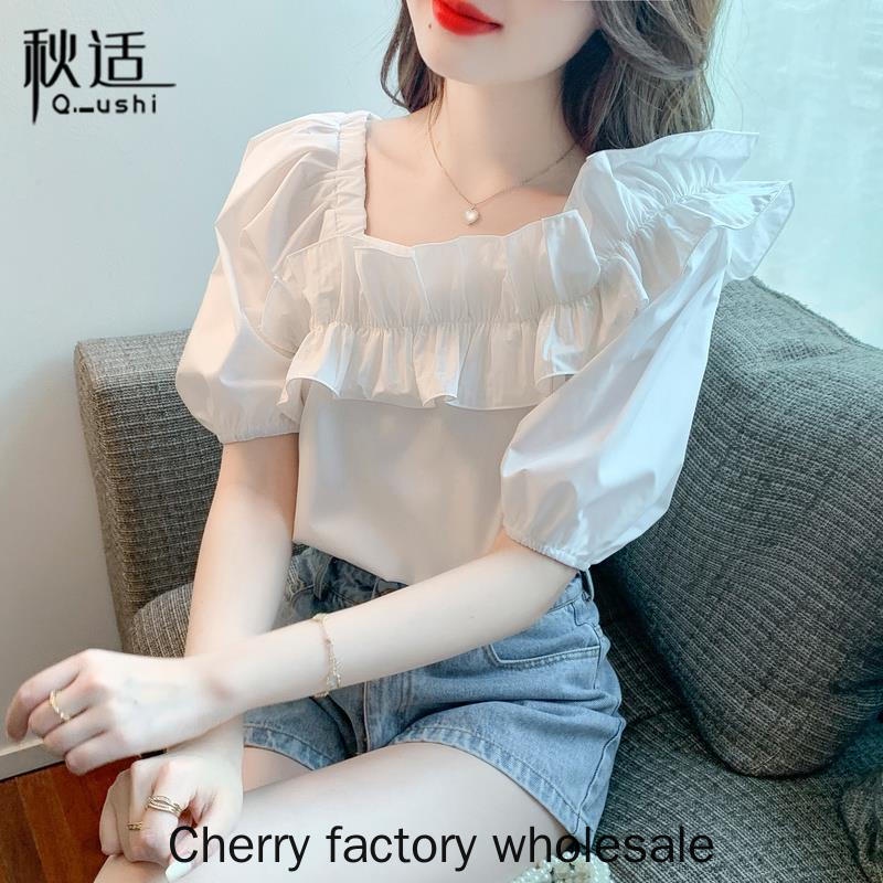 ใหม่ เสื้อเชิ้ตแขนสั้น ผ้าชีฟอง สีขาว สวยน่ารัก แฟชั่นสําหรับผู้หญิง