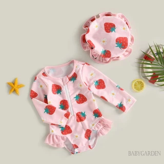 【ส่งจากไทย】 6m-3y ชุดว่ายน้ํา แขนยาว พิมพ์ลายสตรอเบอร์รี่ + หมวกกันแดด สําหรับเด็กผู้หญิง