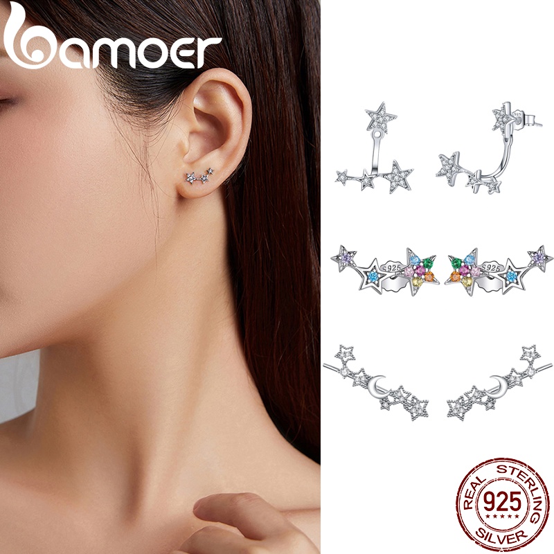 Bamoer 925 เงินสเตอร์ลิงคู่ Simple Star Stud ต่างหูแฟชั่นเครื่องประดับของขวัญสําหรับผู้หญิง