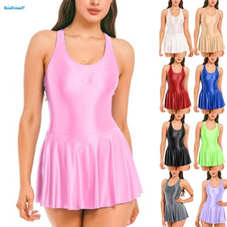 【HODRD】Women Glossy Stretchy Sleeveless Tank Dresses Solid Color Athletic Tennis Dress【Fashion】