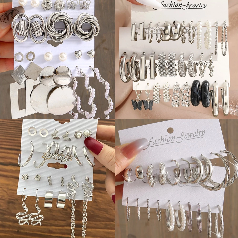 ซื้อ 3 แถม 1 คู่ต่างหูสีเงินต่างหูผีเสื้อชุดสําหรับผู้หญิงสาววินเทจมุกวงกลมเรขาคณิตบิดต่างหูห่วง2022ของขวัญเครื่องประดับอินเทรนด์