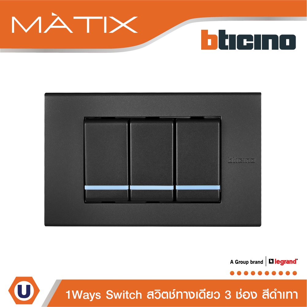 BTicino ชุดสวิตซ์ทางเดียว Size S มีพรายน้ำ พร้อมฝาครอบ 3 ช่อง สีดำ |มาติกซ์| Matix| AG5001WTLN*3+AG5