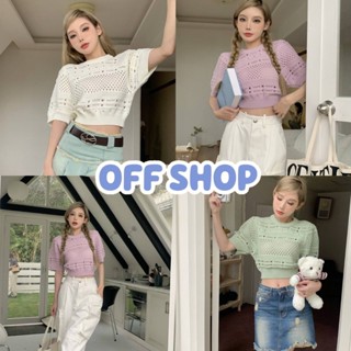 OFF SHOP พร้อมส่ง (OFF-32156)  เสื้อถักไหมพรมแขนสั้น ครอปสั้นเบาๆน่ารัก ซีทรูเบาๆ ()