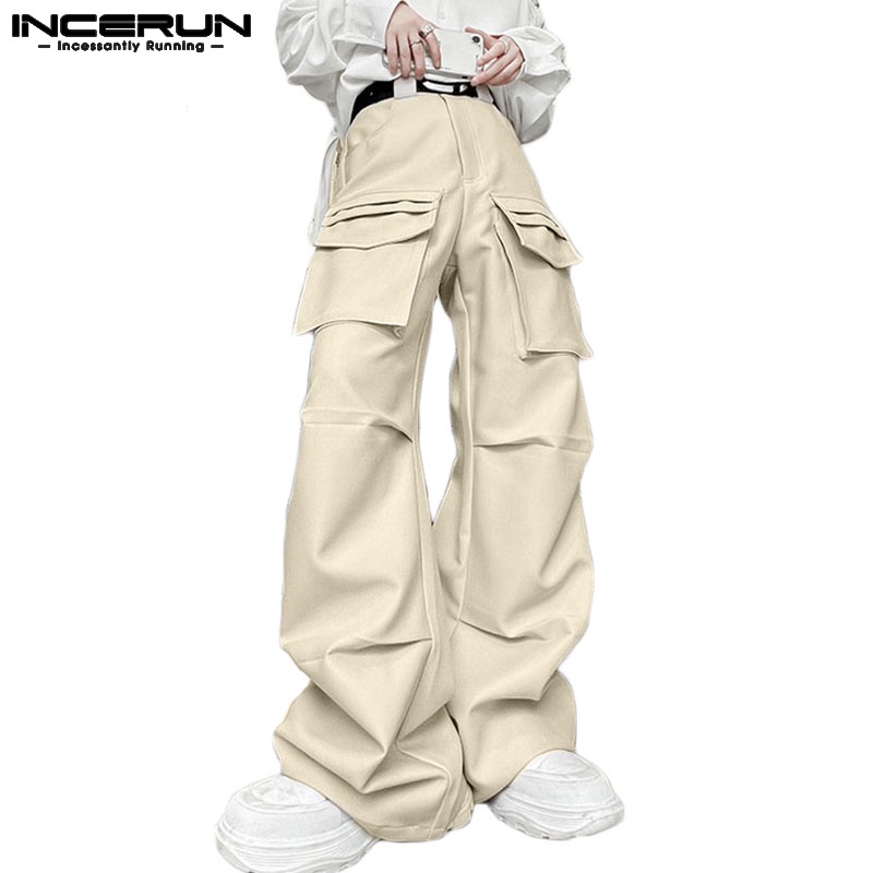 Incerun กางเกงพลีท ขาตรง หลายกระเป๋า สีพื้น