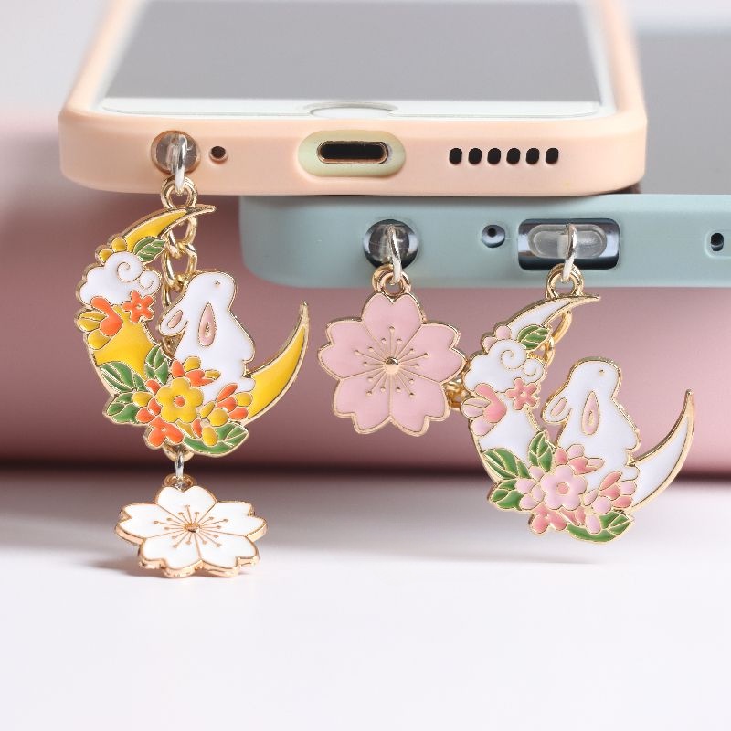 โทรศัพท์มือถือปลั๊กป้องกันฝุ่น diy น่ารัก Cherry Blossom Moon กระต่ายจี้สายเคเบิลข้อมูลพอร์ตชาร์จป้องกันฝุ่น P