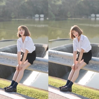 เสื้อนักศึกษาทรงบอย ทรงบอยแขนสามเหลี่ยม เสื้อเชิ้ตแขนสั้นสีทึบ พร้อมส่ง