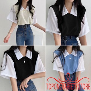 Topone- เสื้อยืดคอปก แขนสั้น สีคมชัด แฟชั่นฤดูร้อน สําหรับผู้หญิง