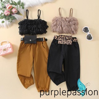 Purplepassion- เสื้อกล้ามสายสปาเก็ตตี้ ขนฟู กางเกงขายาว และกระเป๋าคาดเอว แฟชั่นฤดูร้อน สําหรับเด็กผู้หญิง อายุ 1-6 ปี 3 ชิ้น