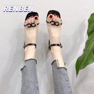RENBEN รุ่นเกาหลีของรองเท้าแตะใหม่ทั้งหมดตรงกับส้นอ้วนโซ่นางฟ้าสไตล์โปร่งใสหนึ่งคําสายรองเท้าแตะสําหรับผู้หญิง
