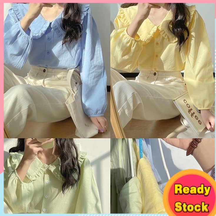 พร้อมส่ง เสื้อเชิ้ตแขนยาว คอตุ๊กตา สีเบจ แฟชั่นฤดูใบไม้ผลิ สไตล์ฝรั่งเศสเรโทร สําหรับผู้หญิง
