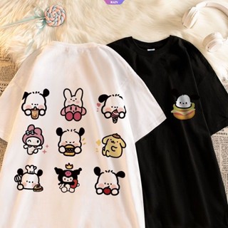 เสื้อยืดแขนสั้น ผ้าฝ้าย แบบบาง พิมพ์ลายการ์ตูนอนิเมะ Sanrio Pochacco My Melody Kirby ทรงหลวม ขนาดใหญ่ แฟชั่นฤดูร้อน สไตล์ญี่ปุ่น สําหรับเด็กผู้ชาย และเด็กผู้หญิง