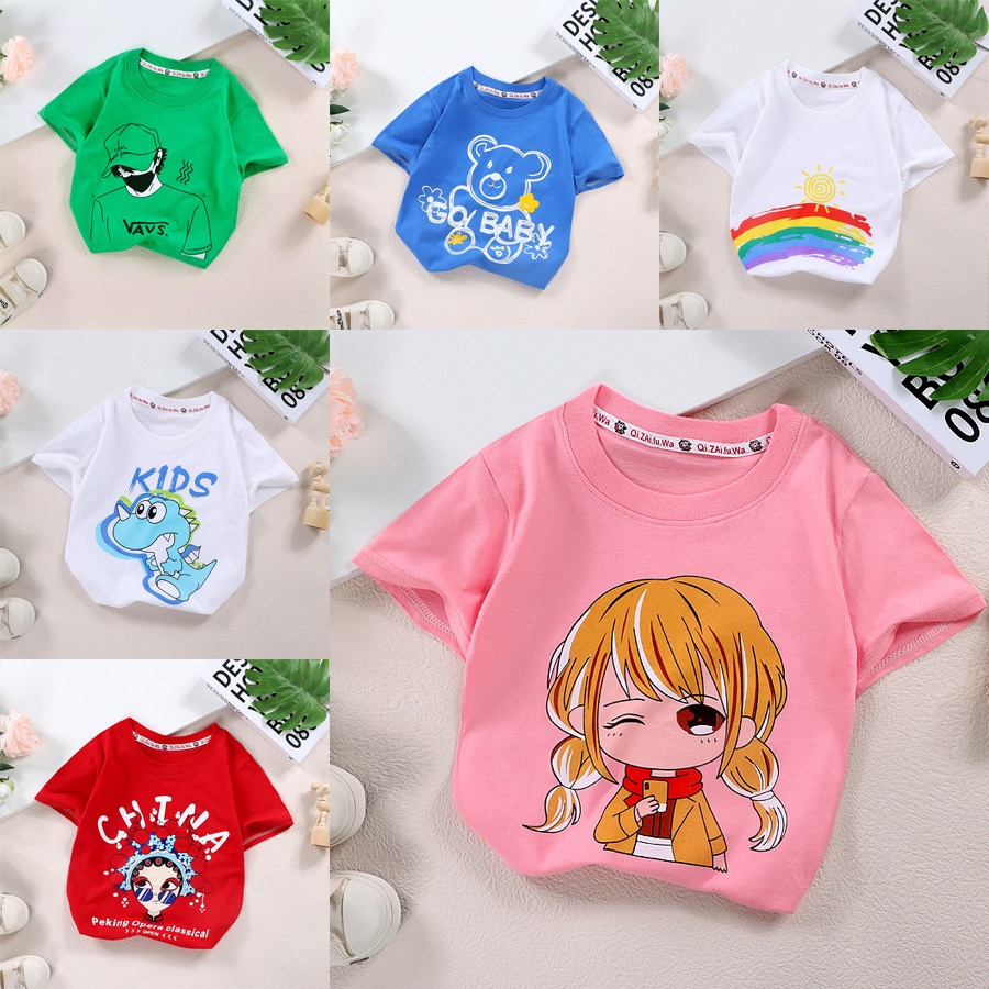 80-140ฤดูร้อน เสื้อยืดเด็ก คอกลม ผ้าคอตตอน ใส่สบาย ชุดเด็กอ่อน เหมาะสําหรับเด็กชายและเด็กหญิง 9เดือน 1ขวบ 2ขวบ 3ขวบ 4ขวบ 5ขวบ 6ขวบ