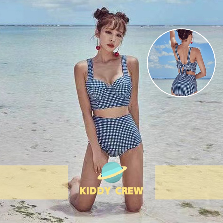 ทูพีชลายสก๊อต ชุดว่ายน้ำสองชิ้น Bikini ชุดว่ายน้ำลายตารางสีน้ำเงิน ชุดว่ายน้ำสองชิ้น