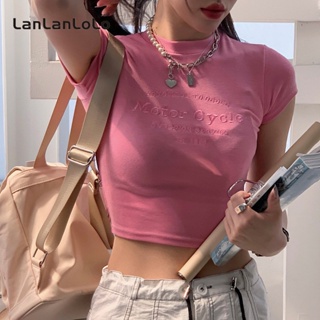 Lanlanlolo เสื้อยืดลําลอง แขนสั้น คอกลม เข้ารูป สีพื้น สําหรับสตรี 2023