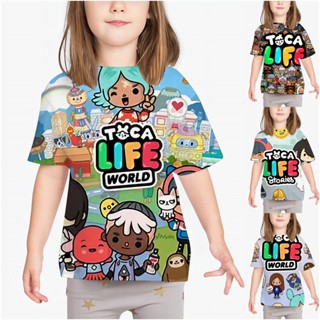 เสื้อยืดแขนสั้น พิมพ์ลายการ์ตูนอนิเมะ Toca Life World 3 มิติ แบบสวมหัว สําหรับเด็กผู้ชาย และเด็กผู้หญิง