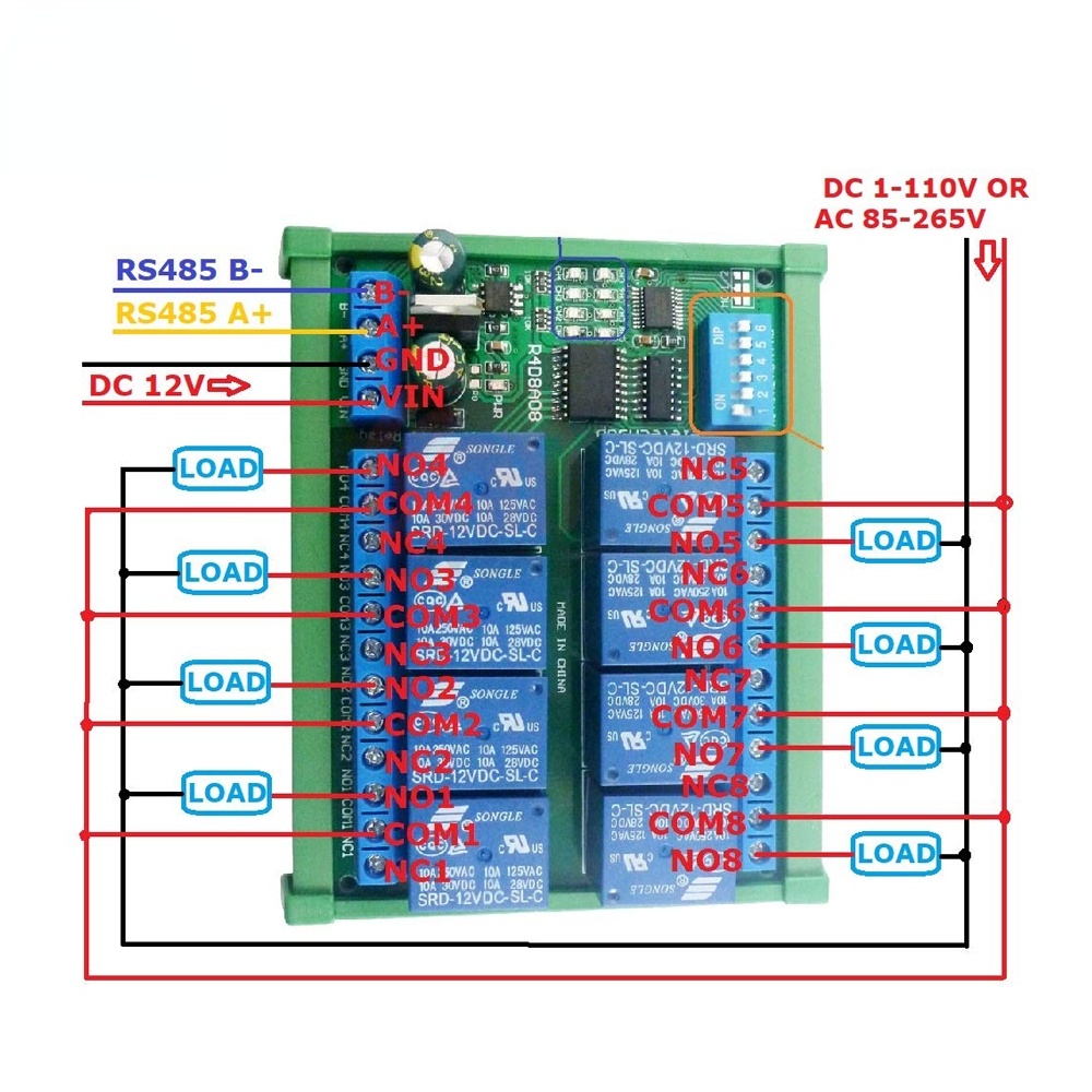Dc 12V 8 Ch RS485 รีเลย์บอร์ด Modbus RTU UART รีโมทคอนโทรล สวิตช์กล่องราง DIN35 สําหรับโมดูลขยายการควบคุมอัตโนมัติ PLC