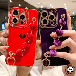 Monee เคสไอโฟน11 เคสกันกระแทก เคสซิลิโคน เคสโทรศัพท์มือถือแบบนิ่ม ลายหัวใจ พร้อมสายคล้องข้อมือ หรูหรา สําหรับ iPhone 11 12 13 14 Pro Max XS X XR 7 8 Plus SE 2020 2022