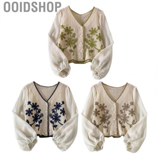 Ooidshop Button Front Blouse  Long Sleeved Floral Embroidered V Neck Button Front Shirt Stitching Vintage Elastic Cuff  for Outdoor for Teen Girl