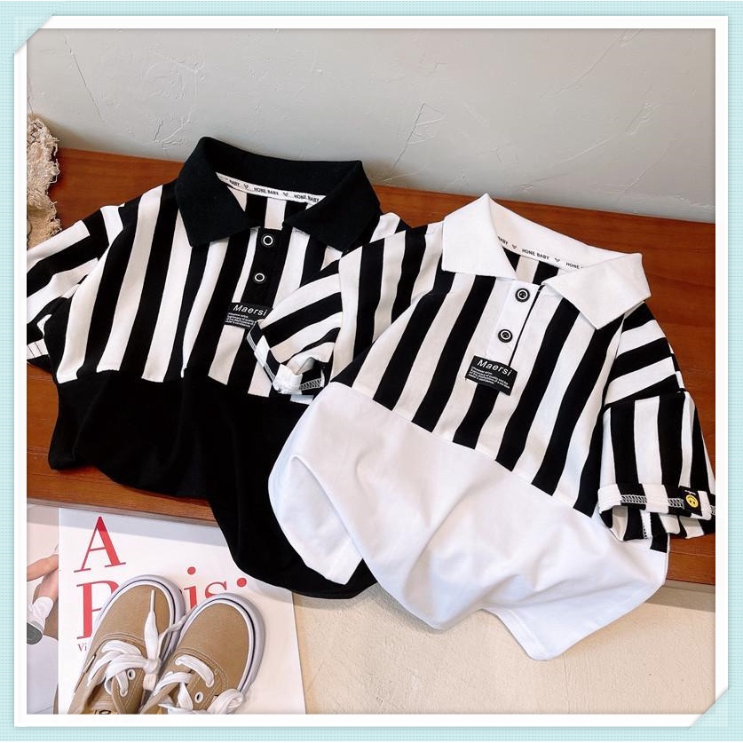 เสื้อยืดแขนสั้นเด็ก ฤดูร้อนใหม่สไตล์เกาหลีเสื้อโปโลลายทางปกด้านบน