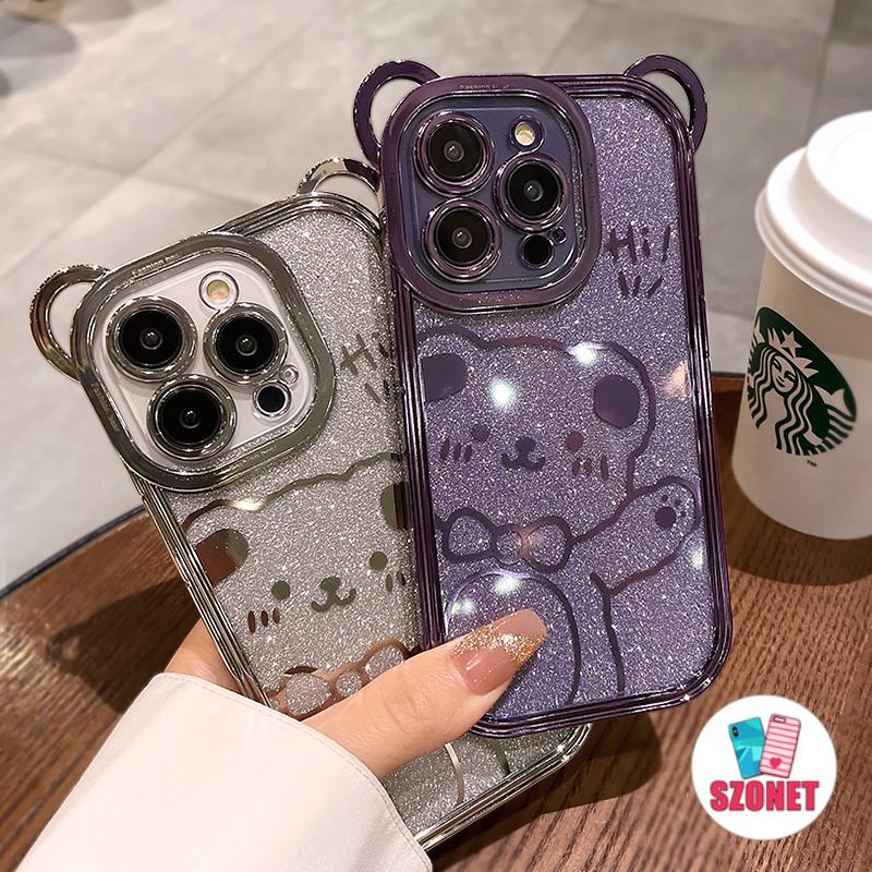 Glitter Powder Bear ซิลิโคนใสนุ่มกันกระแทกเคสโทรศัพท์สําหรับ iPhone 16 15 14 13 12 11 Pro Max Anti-fall Soft คลุมทั้งหมดเลนส์กล้อง ProtectionPhone ปลอก