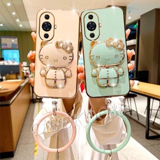 เคสโทรศัพท์มือถือ ลาย KT น่ารัก พร้อมขาตั้งกระจก และสายคล้องข้อมือ สําหรับ Huawei Nova 11 Pro 11i 10 SE Y91 Mate 50 P60 Pro Nova11i