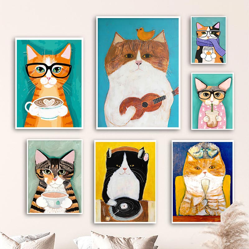 การ์ตูนแมวโปสเตอร์สัตว์วินเทจผ้าใบภาพวาดสีน้ํามันห้องนั่งเล่นผนังศิลปะพิมพ์ภาพสําหรับห้องนอนเด็กเนอสเซอรี่ตกแต่งบ้าน