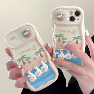 เคสโทรศัพท์มือถือ ซิลิโคน กันกระแทก ลายการ์ตูนเป็ด ต้นมะพร้าว 3D พร้อมตัวเลื่อนปิดหน้าต่าง สําหรับ Apple 14plus 13pro 12promax 11