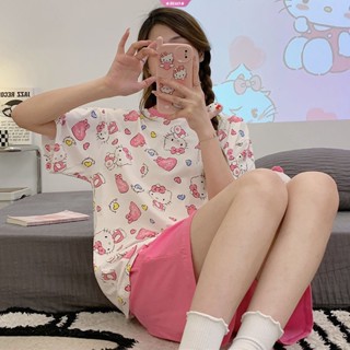 Sanrio ชุดนอนเสื้อยืดแขนสั้น และกางเกง ลาย Hello Kitty น่ารัก ทรงหลวม เหมาะกับฤดูร้อน สําหรับผู้หญิง Y2k 2 ชิ้น