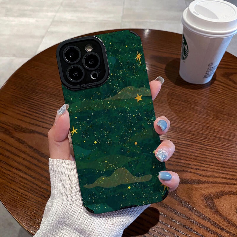 เคสโทรศัพท์มือถือนิ่ม กันแตก ลายดาว สีเขียวเข้ม สําหรับ IPhone Apple 11 12 Pro Max X XR XS Max SE 7 Plus 8 Plus 13 Pro Max 14 Pro Max