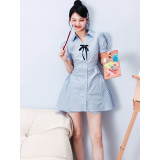 Soote Season Blue College Striped Bow Waist Puff Sleeve Shirt Dress ชุดเซ็ตเดรสกระโปรงลายทาง กางเกงขาสั้นกันโป๊