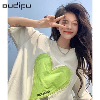 【TG-youzan】 OUDIFU Pure Cotton Love Short-Sleeved T-shirt Womens Summer Design Sense Niche Embroidery Heavy Industry Loose Hong Kong Style Chic Top Zkxx