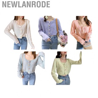 Newlanrode Short Open Front Sweater   Flower Trim Button Knit Soft Long Sleeves for Spring