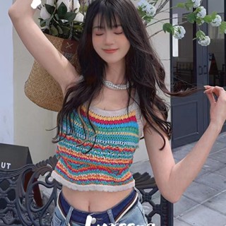 เสื้อครอปท็อป สายคล้องคอ ผ้าถัก ลายดอกไม้ สีรุ้ง แฟชั่นฤดูร้อน สําหรับผู้หญิง