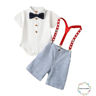 Babyclothes- ชุดจั๊มสูท แขนสั้น ลายทางดาว และกางเกงขาสั้น สําหรับเด็กทารกผู้ชาย