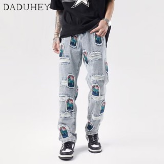 DaDuHey🔥 Mens 2023 Summer American Style Thin Straight Hole Jeans High Street Vibe Fashion Brand Loose Casual Pants