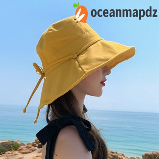 OCEANMAPDZ หมวกบักเก็ต ผ้าฝ้าย ป้องกันแดด ประดับโบว์ ป้องกันรังสีอัลตราไวโอเลต แบบพกพา แบบเรียบง่าย สําหรับผู้หญิง