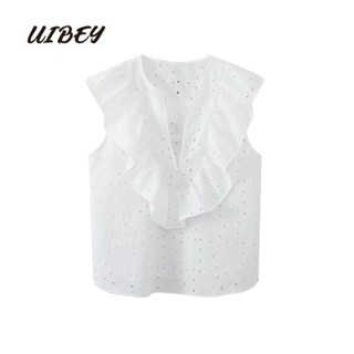 Uibey เสื้อแขนกุด คอวี ปักลาย แต่งระบาย 131