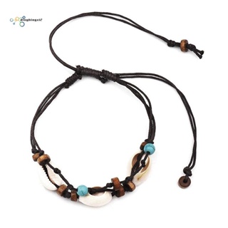 Boho สร้อยข้อเท้าหินหอยทะเลธรรมชาติ สําหรับผู้หญิง ลูกปัดไม้ เปลือกหอย สร้อยข้อเท้า บนขา โซ่เท้า เชือกเทียน สร้อยข้อเท้า เครื่องประดับชายหาด