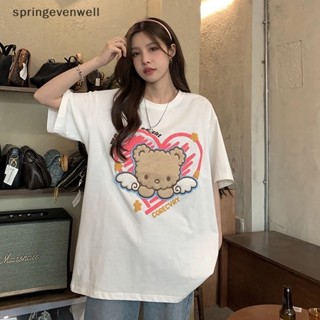 [springevenwell] ใหม่ พร้อมส่ง เสื้อยืดคอกลม แขนสั้น พิมพ์ลายการ์ตูนหมี ทรงหลวม ลําลอง แฟชั่นฤดูร้อน สําหรับผู้หญิง