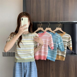 Lune_Grace.พร้อมส่ง เสื้อยืดไหมพรมแขนสั้น คอกลมลายทางสีสันน่ารักผ้านิ่มไส่สบาย "91007"