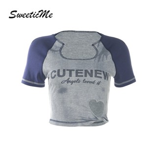 Sweeticme ใหม่ เสื้อยืดครอปลําลอง แขนสั้น ทรงสลิมฟิต เซ็กซี่ แฟชั่นสําหรับสตรี 2023